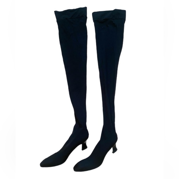 Anne Klein Couture Vintage Black Lycra Thigh Hi Stocking Kitten Heel Boots 6.5 - Picture 2 of 7